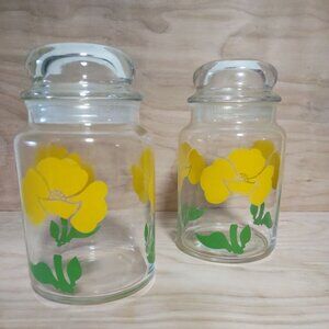 2 Anchor Hocking Art Nouveau Foxy Flowers Yellow Poppy Glass Storage Jars 1970s